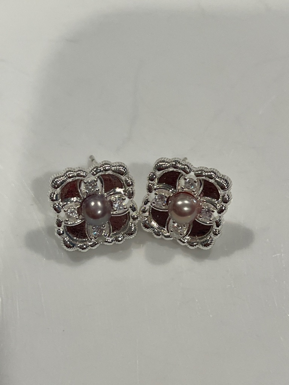 Fresh Water Silver Floral Pearl Stud Earrings - Pink Pearl